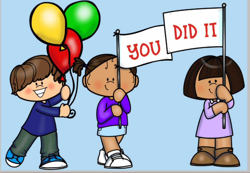 3 kids hold signs and balloons saying you did it