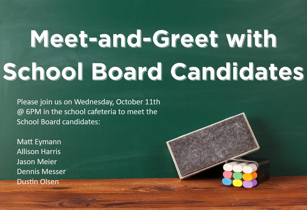 Please join us to meet the candidates for Byers School School Board Wednesday, October 11th @ 6PM in the school cafeteria. Candidates are Matt Eymann, Allison Harris, Jason Meier, Dennis Messer and Dustin Olsen